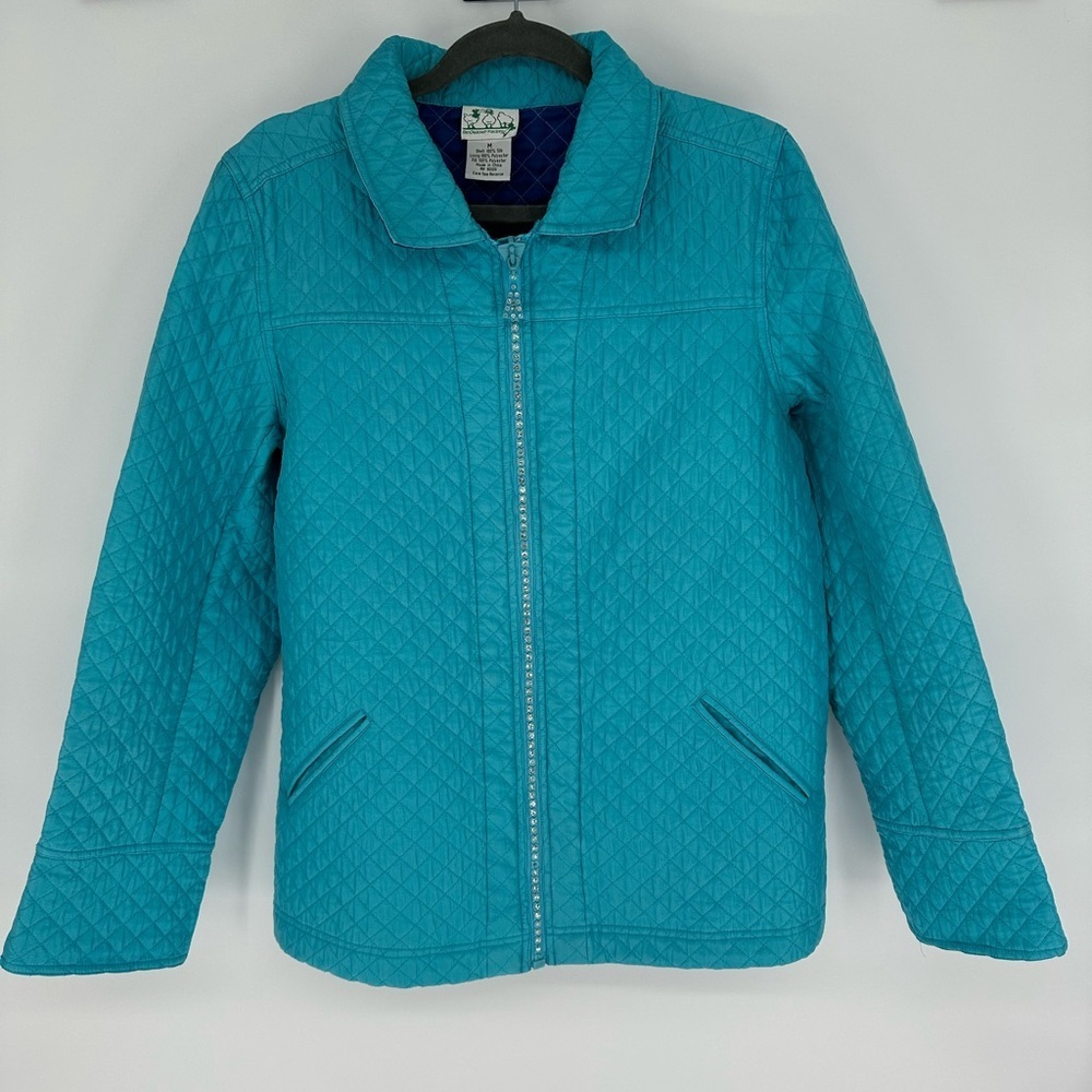 Quacker Factory Quilted Silk Jacket Size M Teal Zip Up Sparkle Zipper
